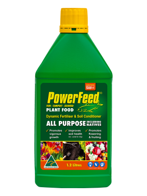 PowerFeed all-purpose plant food bottle promoting vigorous growth and improved soil health for garden care