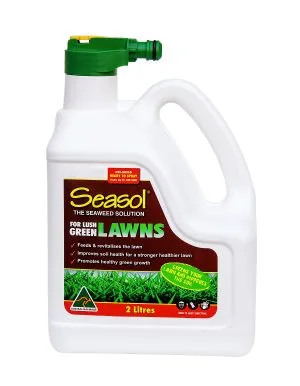 Seasol for lush green lawns liquid fertiliser improves soil health and promotes healthy green growth