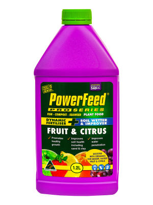 PowerFeed PRO SERIES Fruit & Citrus plant food bottle, designed for enhancing growth and health of fruit trees, featuring vibrant purple packaging with nutrient benefits highlighted.