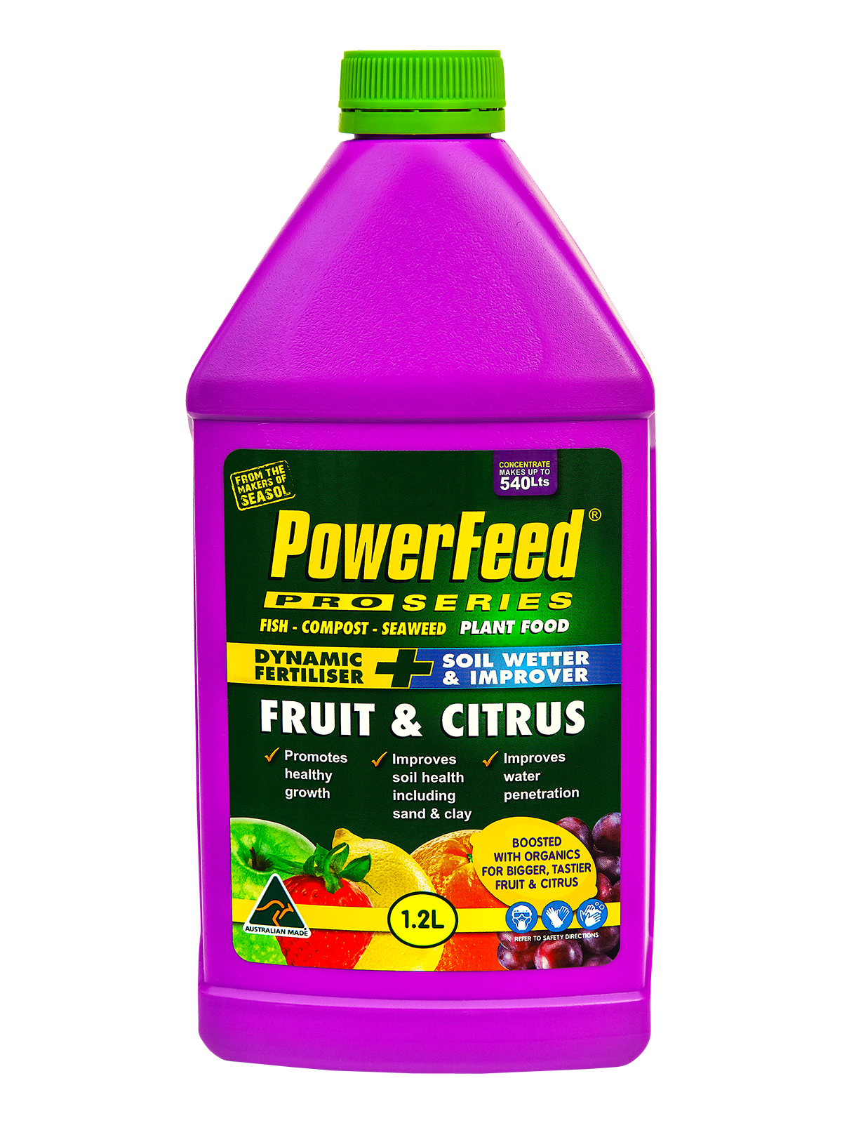 PowerFeed PRO SERIES Fruit & Citrus plant food bottle, designed for enhancing growth and health of fruit trees, featuring vibrant purple packaging with nutrient benefits highlighted.