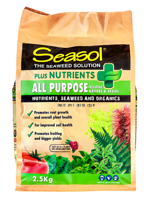 Seasol plus Nutrients All Purpose product bag promoting root growth, soil health, and improved fruiting for all plants