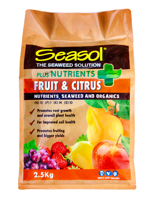 Seasol plus Nutrients Fruit & Citrus packaging, featuring vibrant fruit illustrations, promoting root growth and overall plant health for fruit trees and citrus plants.