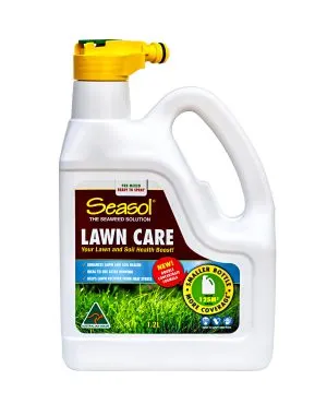 Seasol lawn care product promoting healthy lawns and soil, ideal for improving plant vitality and recovery from stress