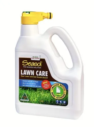 Seasol Lawn Care bottle promoting lawn and soil health with double concentrate formula for effective coverage