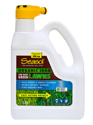 Seasol Organic Iron bottle promoting deep green lawns and preventing yellowing with natural nutrients