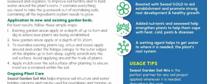 Seasol Garden Soil Mix product flyer promoting healthy soil and plant development for all garden types