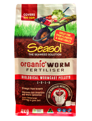 Seasol organic worm fertiliser bag promoting stronger plant growth and improved soil structure for healthy gardens