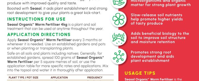Seasol Organic Worm Fertiliser bag promoting healthy plant growth and soil improvement for effective gardening