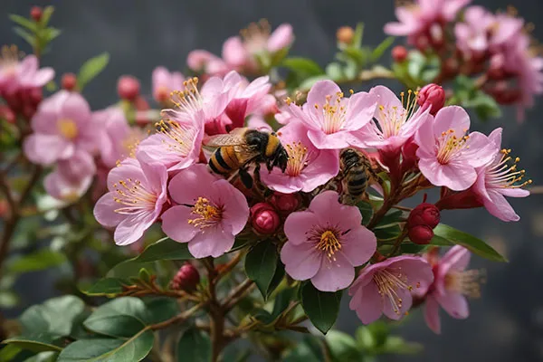 Single Indian Hawthorn flower with multiple bees visiting it, pl How to grow and look after Indian Hawthorn or rhaphiolepis indica for a beautiful hedge or feature shrub with stunning green foliage and beautiful white flower in spring including soil, planting, and feeding