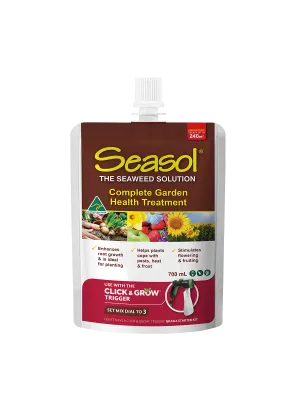 Seasol seaweed concentrate pouch, labeled as 'Complete Garden Health Treatment,' highlighting benefits for plant growth, flowering, and stress resilience.