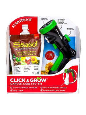 Seasol Starter Kit featuring seaweed solution for garden health, including spray applicator and concentrated treatment pouch, designed for easy plant care and nourishment.