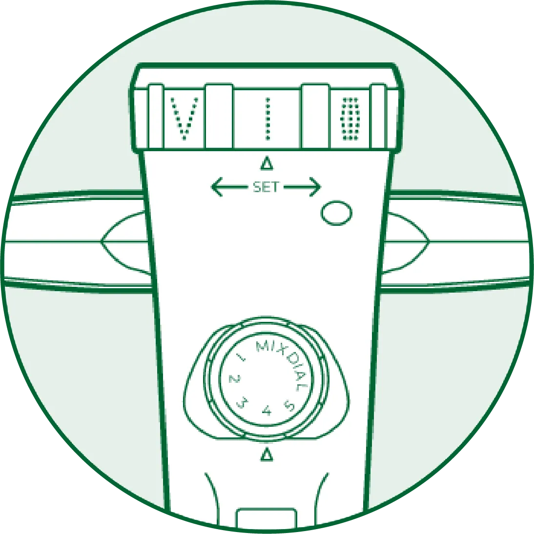 Dial and trigger mechanism of Click & Grow gardening system for setting mix and spray settings.