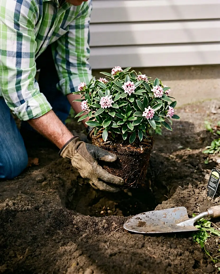 Planting Daphne Gloved hands carefully lowering a daphne plant with intact root ball into a prepared garden hole, trowel resting in the soil alongside.